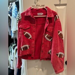Live Love Red Corduroy Jean Jacket with Football Patches